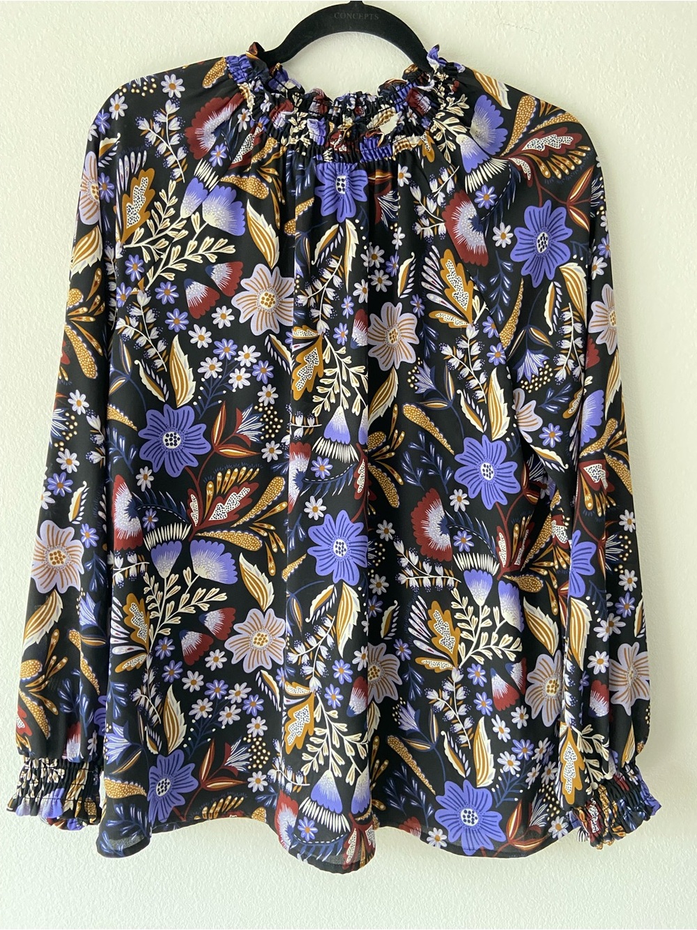 LOFT Floral Smocked Neck Long Sleeve Blouse Black Purple Size M